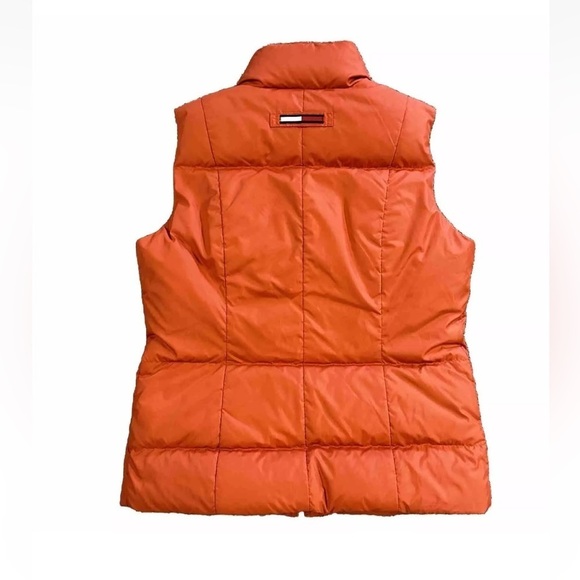 VTG TOMMY HILFIGER Down Puffer Vest Jacket Orange Women Medium Zipped Pockets - Picture 2 of 3